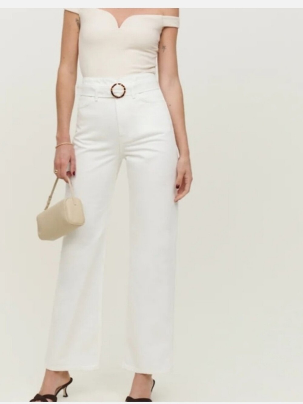 Reformation Jeans Wilder Belted High Rise Wide Leg Crop Cream Vintage White